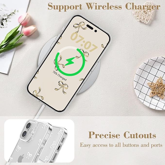 EYZUTAK Case for iPhone 16, Clear Cute Ribbon Bowknot Pattern Aesthetic Transparent Phone Case Raised Camera Protection Stylish Slim Soft Durable TPU Protective Cover for Women Girls - White