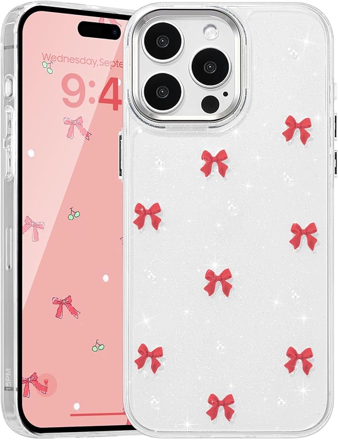 EYZUTAK Case for iPhone 15 Pro, Bling Glitter 3D Bowknot Phone Case Cute Sparkly Crystal Clear Bow Aesthetic Design Case Slim Soft Durable TPU Transparent Protective Cover for Women Girl - Red Bow