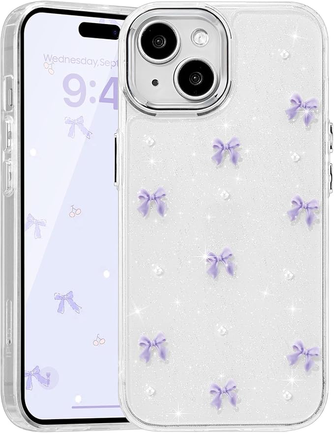 EYZUTAK Case for iPhone 14 Plus, Bling Glitter 3D Bowknot Phone Case Cute Sparkly Crystal Clear Bow Aesthetic Design Case Slim Soft Durable TPU Transparent Protective Cover for Women Girl - Purple Bow