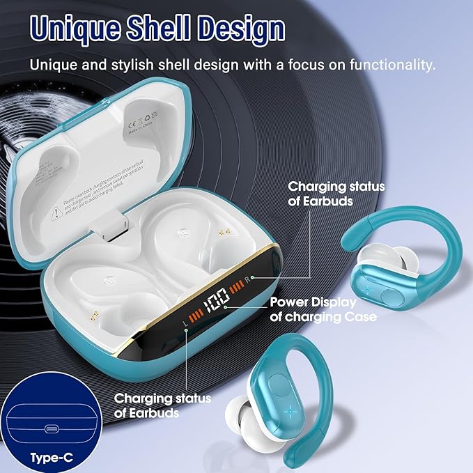 Wireless Earbuds Bluetooth 5.4 Headphones 75H Stereo Deep Bass Sports Over Ear Buds with Earhooks, LED Display Bluetooth Earbuds with 4 ENC Mic, IP7 Waterproof Earphone for Running, Blue