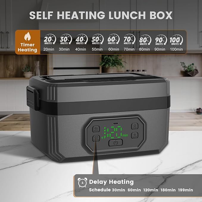 Cordless Electric Lunch Box - 24000mAh Rechargeable Heated Lunch Box, 1.6L Portable Self-Heating Food Warmer for Adults, Men & Women