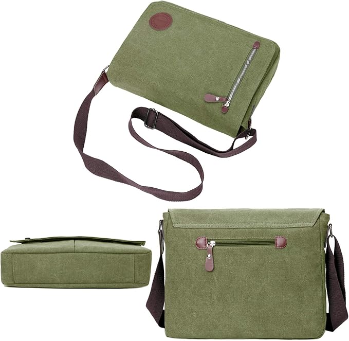 Vintage Canvas Satchel Messenger Bag for Men Women,Travel Shoulder bag 13.5" Laptop Bags Bookbag (Army green)