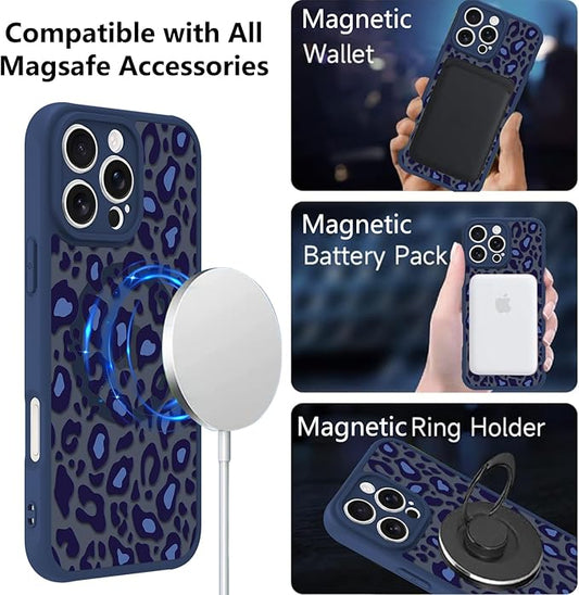KANGHAR Case for iPhone 16 Pro Blue Leopard Printed Pattern Cute Cheetah [Compatible with Magsafe] Protective Magnetic Case for Girls Women 6.3"