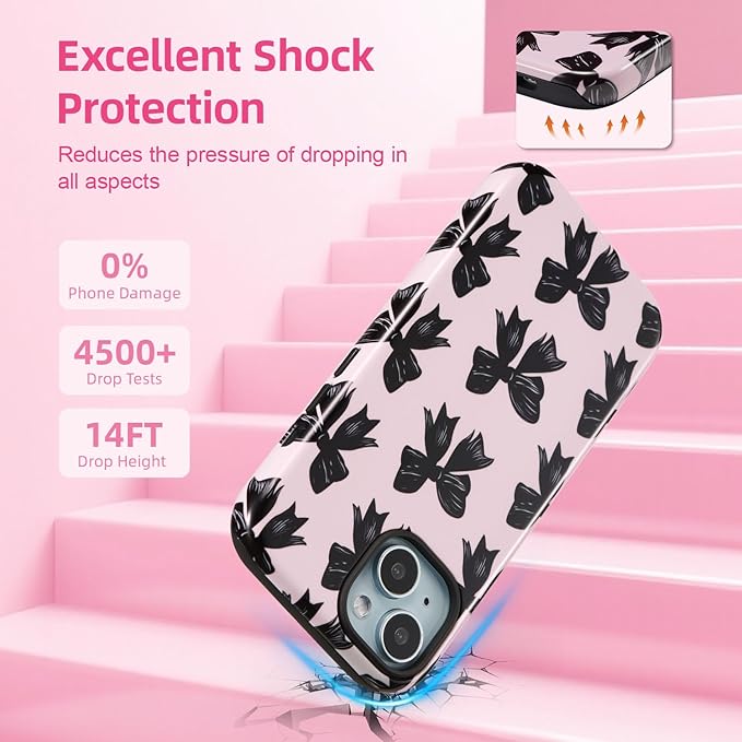 QLTYPRI Case for iPhone 13/14, Aesthetic Black Ribbon Bow Phone Case for Girls Women, Protective Hybrid 2-Layer Hard Shell Silicone Cover Durable Shockproof Phone Cover - Pink
