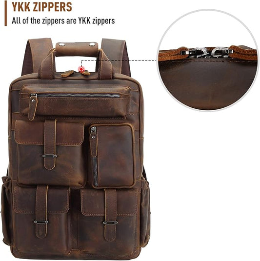 Polare Cowhide Leather Multiple Laptop Backpack Day Pack Travel Bag Satchel For Men