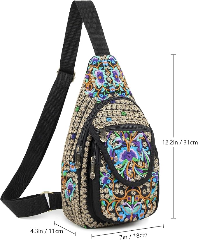 SILKAREA Vintage Embroidered Bohemian Small Sling Bag for Women Crossbody Rope Sling Backpack Purse Shoulder Bag