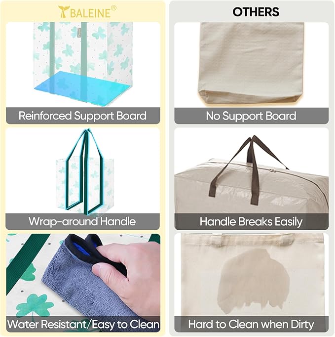 BALEINE 4 PK Grocery Bags Reusable Shopping Bags with Reinforced Bottom, Heavy Duty Foldable Tote Bags (Clover)