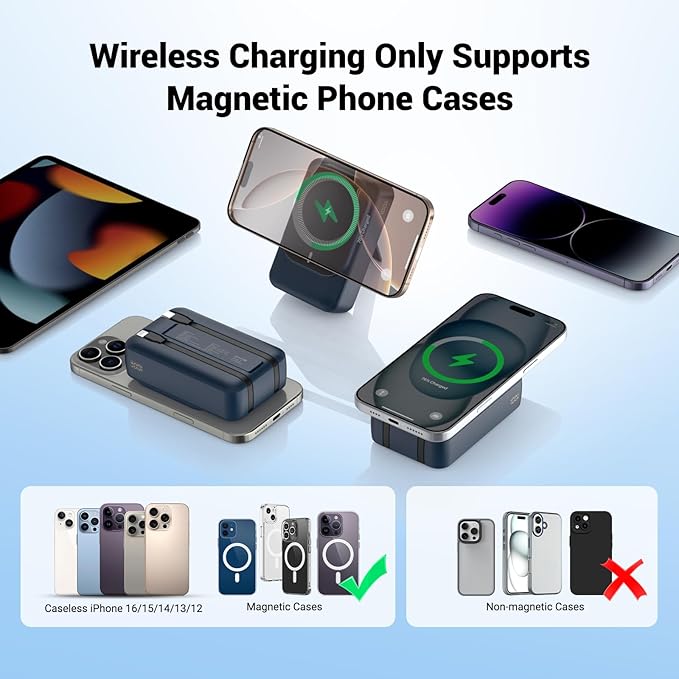 Magnetic Wireless Power Bank 26800mAh, PD 22.5W Type-C Fast Charging Portable Charger 5 Outputs, Battery Pack for Magsafe Built in Cables with Stand LED Display for iPhone 16/15/14/13/12 Series-Blue