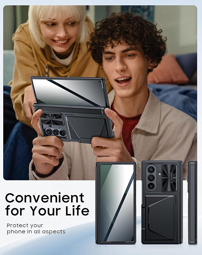 for Samsung Galaxy Z Fold 7 Case with Card Holder RFID Blocking [Privacy Screen Protector ] [Slide Lens Cover] [Hinge Protection] Shockproof Protective Phone Wallet Case for Z Fold 7 (Black)