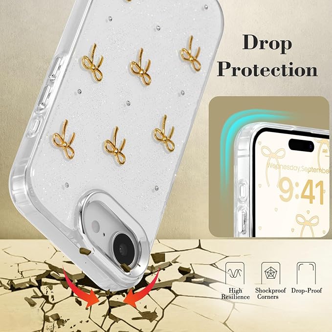 EYZUTAK Case for iPhone 16e, Bling Glitter 3D Bowknot Phone Case Cute Sparkly Crystal Clear Bow Aesthetic Design Cover Slim Soft Durable TPU Transparent Protective Cover for Women Girls - Gold Bow
