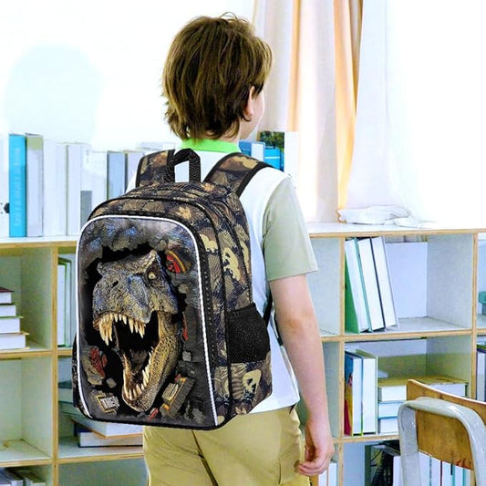 16" Boys Backpack, Dinosaur Kids Bookbag with Lunch Box, 3Pcs Dino School Backpacks for Elementary Preschool Kindergarten (Black)