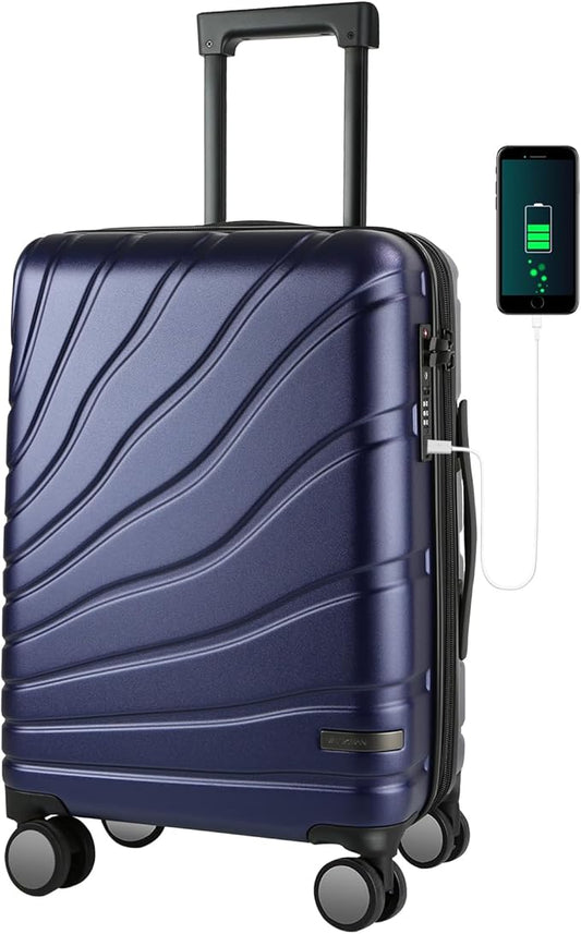 VANKEAN Carry On Luggage with Spinner Wheels & TSA Lock, Expandable Fashionable Hard Shell Suitcase airline approved，20 Inch Carry-On，Navy
