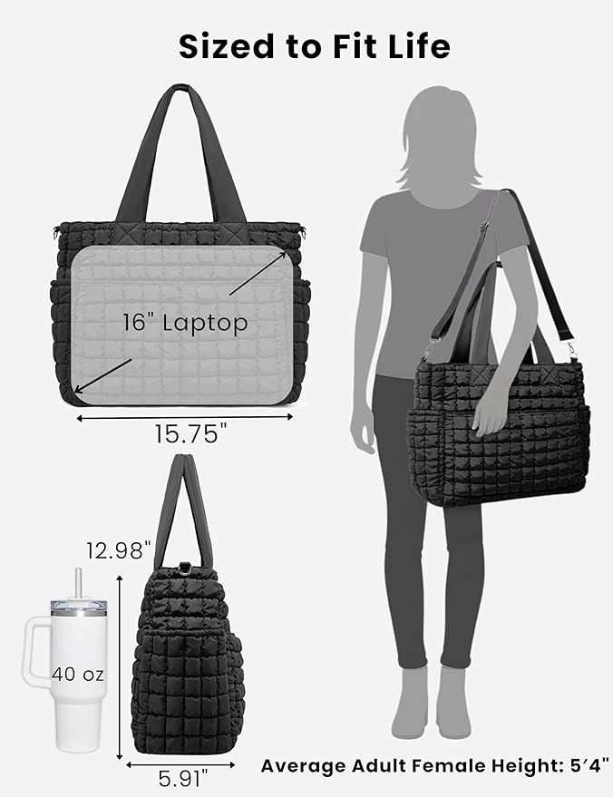 Yarnic Large Puffer Tote Bag for Women, Lightweight 21L Bag with 7 Pockets for School, Travel, Work, Gym Overnight Use
