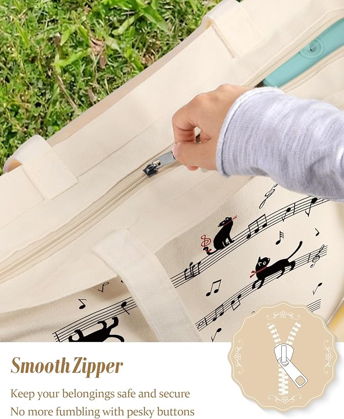 Large Tote Bag for Women - Canvas Tote Bag with Zipper Aesthetic Reusable Shoulder Bag for Gym, Travel, Work