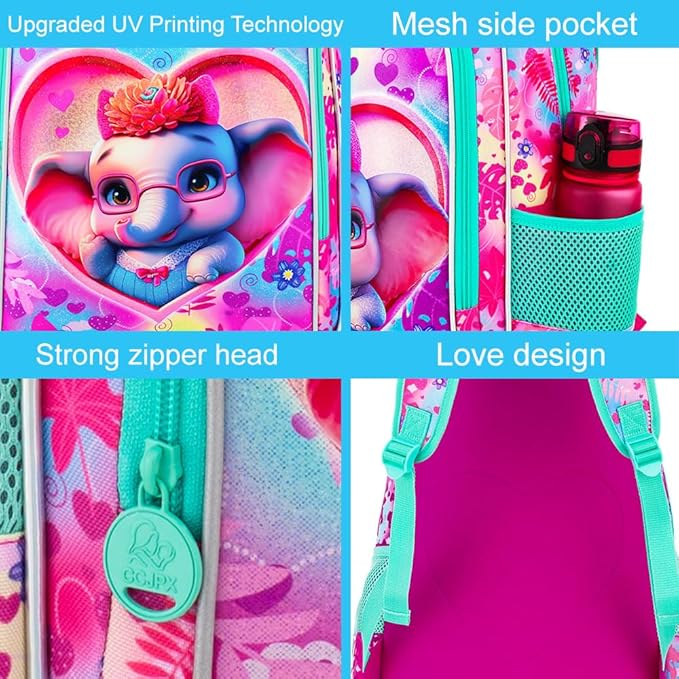 16" Girls Backpack, 3Pcs Elephant School Bookbag with Lunch Box, Kids Backpacks for Elementary Preschool Kindergarten(Pink)