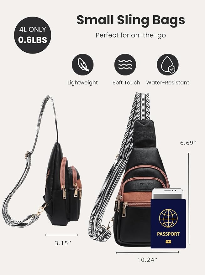 Sling Bag for Women Vegan Leather Fanny Pack Small Crossbody Purse Anti Theft Chest Bag for Travel Black & Brown