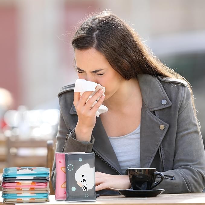 PerKoop 100 Pack Pocket Tissues Travel Slim Packs Small Facial Tissues Wallet Size Toilet Paper for Travel Guest Wedding Supplies, 4 Styles(Cat)