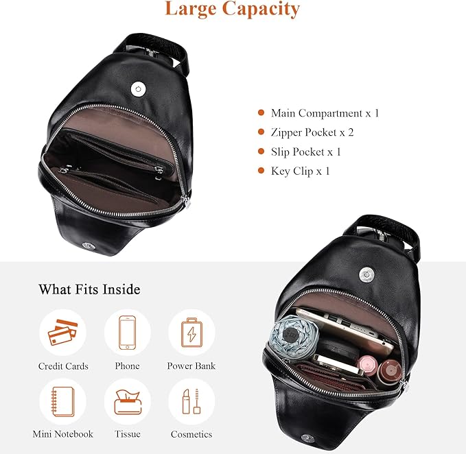 Over Earth Genuine Leather Sling Bag for Women Men Crossbody Backpack Small Chest Bags(O212E Classic Black)