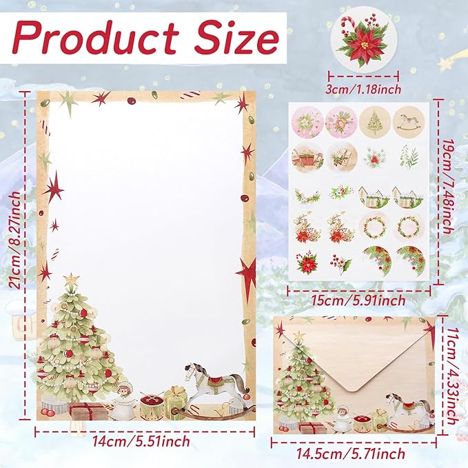 160 Pcs Stationery Paper Set Including 50 Matching Envelopes 50 One Sided Stationery Writing Papers 60 Round Dot Sticker for School Office Supplies,10 Design, 5.5 x 8.25 Inch(Christmas)