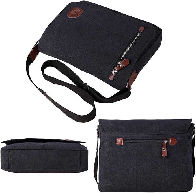 Vintage Canvas Satchel Messenger Bag for Men Women,Travel Shoulder bag 13.5" Laptop Bags Bookbag (Black)