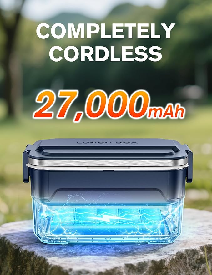 EAST OAK XL 6.3-Cup Cordless Electric Lunch Box for Adults, Heated Lunch Box for Men with Scheduled Heating, Portable Car Food Warmer with Utensils, Two-Tier Bag, Removable Divider