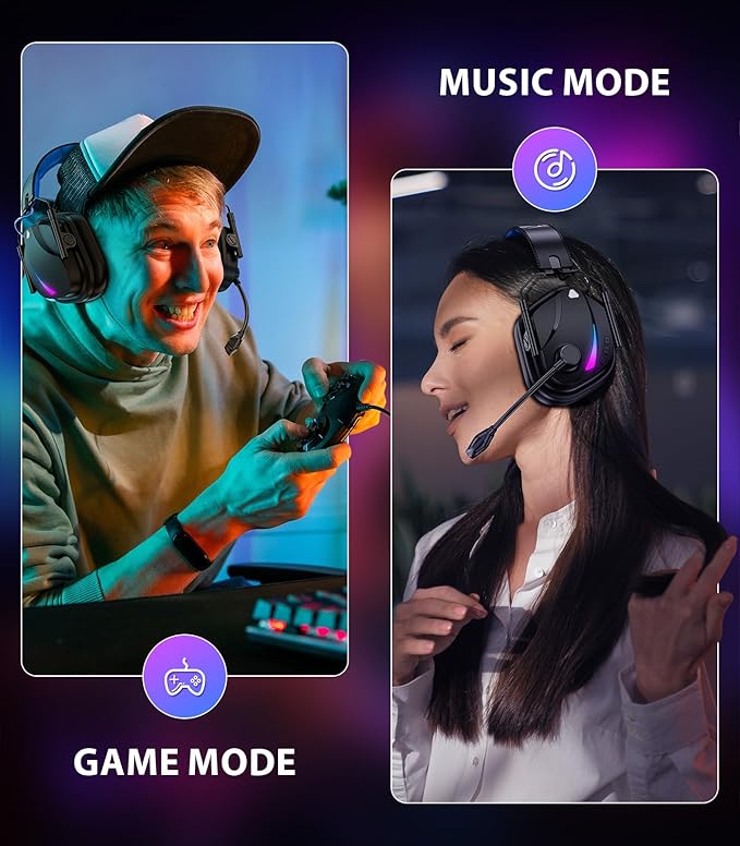 HW12 Wireless Gaming Headset for PC, PS5, PS4, Switch, Mac, 2.4GHz Bluetooth Over Ear The Headphones with Noise Cancelling Mic, Stereo Sound, LED Light, 50H Battery Headsets for Gamers