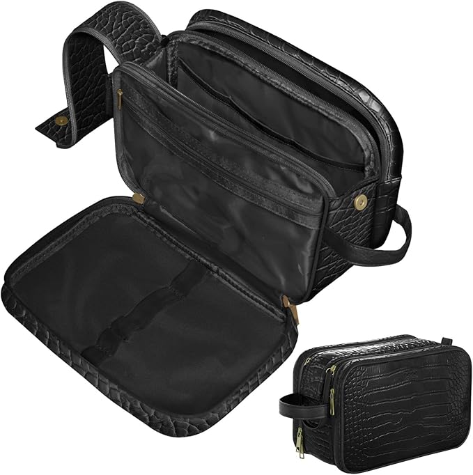 Dot&Dot Leather Toiletry Bag for Men Women - Spacious Womens Mens Toiletry Travel Bag, Large Travel Toiletries Bags (Black Croc, Large)