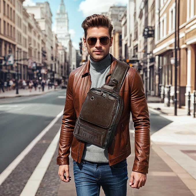 Vintage PU Leather Sling Backpack for Men, Crossbody Bag, Adjustable Shoulder Strap, Compact Backpack for Travel, Daily Use, and Gift, Dark Brown
