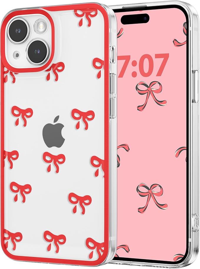 EYZUTAK Case for iPhone 15, Clear Cute Ribbon Bowknot Pattern Aesthetic Transparent Phone Case Raised Camera Protection Stylish Slim Soft Durable TPU Protective Cover for Women Girls - Red