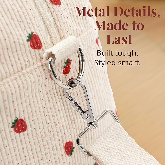 Crossbody Strawberry Lunch Bag for Women, Insulated Corduroy Tote with Adjustable Strap, Water Resistant Lunch Box for Work, Picnic, Travel or Beach, Beige Cream Reusable Lunch Box