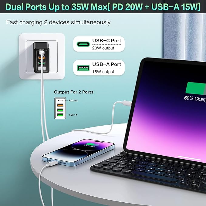 [4 Pack] USB-C Wall Charger, 35W 4-Port Quick 3.0+PD 3.0 Power Adapter, USB Fast Plug Charging Block Compatible for iPhone 16/15/15Pro/14/14 Pro/Max/14 Plus/13/12/11 XS/XR/X,Samsung Galaxy,Tablet