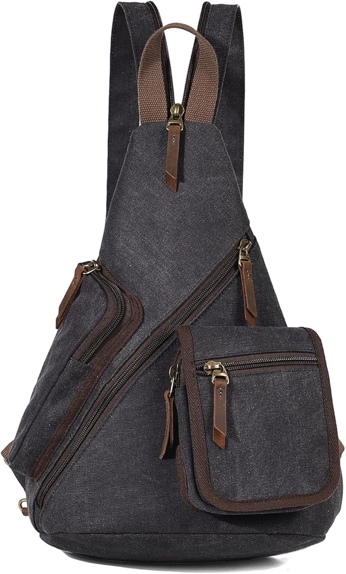 KL928 Canvas Sling Bag - Casual Crossbody Shoulder Daypack Rucksack Backpack for Men Women, Black
