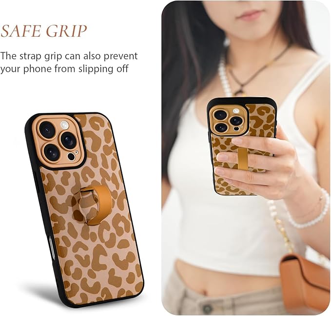 Compatible with iPhone 16 Pro Max Case with Finger Hand Strap Kickstand, Trendy Cool Leopard Cheetah Print Phone Case for Women Men, Full Camera Protection Shockproof Protective Cover, Brown