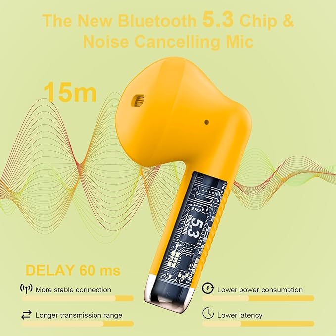 Wireless Earbuds, Bluetooth 5.4 Earbuds Stereo Bass, Bluetooth Headphones in Ear Noise Cancelling Mic, Earphones IP7 Waterproof Sports, 32H Playtime USB C Charging Case Yellow Ear Buds for Android iOS