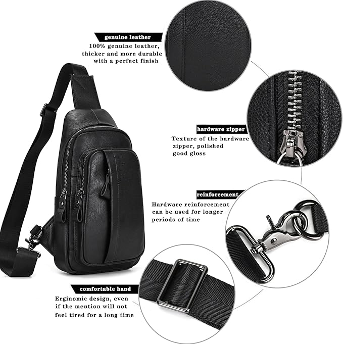 Genuine Leather Sling Bag Multi-pocket Chest Bag for Men Hiking Travel Daypack