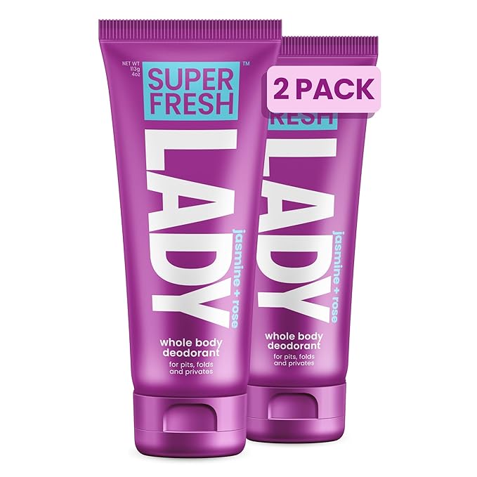Super Fresh Lady Whole Body Deodorant for Women Twin Pack Aluminum Free Lotion for Privates Body and Skinfolds Stops Odor Jasmine Rose Scent Feminine Hygiene Two 4 oz Tubes for Daily Use