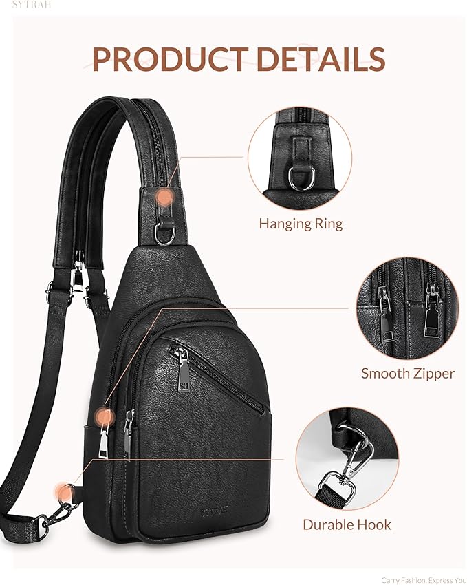 Sling Bag for Women, Crossbody Bags for Women Trendy Crossbody Purse Vegan Leather Sling Backpack Chest Bag with Dual Purpose Strap, Pure Black