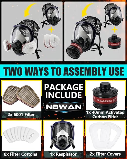 Gas Masks Survival Nuclear and Chemical, Gas Mask with 40mm Activated Carbon Filter, Full Face Respirator Mask with 6001 Filter for Chemicals Organic Vapor Dust Smoke Painting Spray Welding