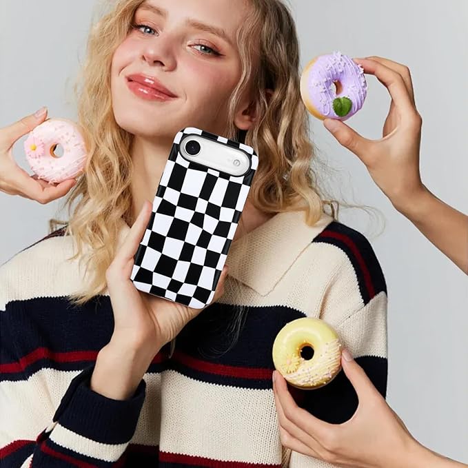 SOKAD Magnetic Checkered Phone Case for iPhone Air, Cute Grids Plaid Checkerboard Pattern Compatible with Magsafe Matte Protective Case Cover with Screen Protector for Girls Women, Black & White