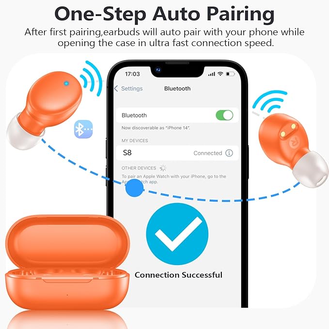 MOZOTER S8 Mini Wireless Earbuds Bluetooth 5.3 in Ear Light-Weight Headphones,60Hrs Playtime Ear Buds with Charging Case,Bluetooth Headsets,Premium Sound with Deep Bass for Sport-Orange