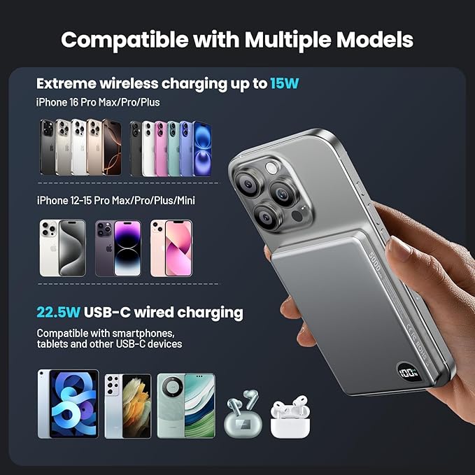 Power Bank,0.3" Ultra Slim 5000mAh Magnetic Wireless Portable Charger,with USB-C Cable Digital Display,Metal Fast Charger Battery Pack for iPhone 16/15/14/13/12 Series, Samsung Android(Silver)