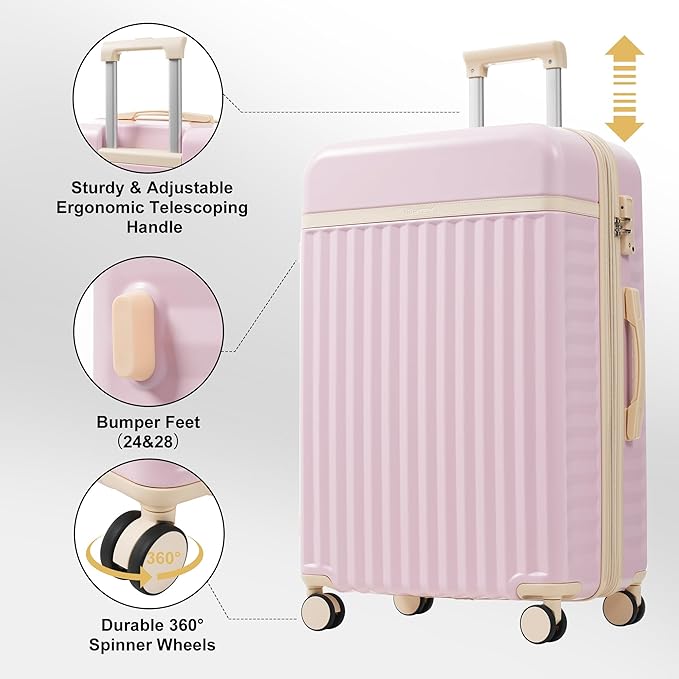 Merax Luggage Sets 3 Piece, Durable Hardshell Suitcase with Double Spinner Wheels and Handle Bags,Lightweight Carry on Luggage with TSA Lock,20+24+28,Pink