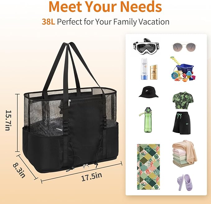 Mesh Beach Bag, Extra Large Beach Bags for Women, Lightweight Foldable Sandproof Tote Bag for Family & Vacation