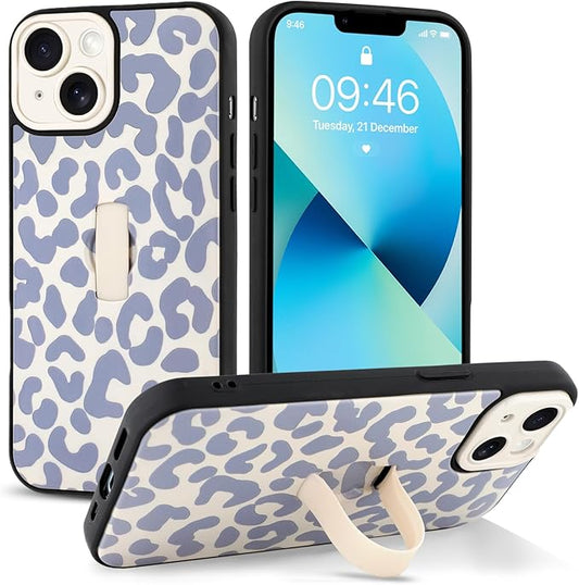 Compatible with iPhone 13 Case with Finger Hand Strap Kickstand, Trendy Cool Leopard Cheetah Print Phone Case for Women Men, Full Camera Protection Shockproof Protective Cover, White