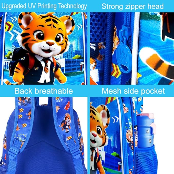 CCJPX 16" Kids Backpack for Boys, 3PCS Tiger Water Resistant Preschool Bookbags, Cool Kindergarten School Backpacks and Lunch Box
