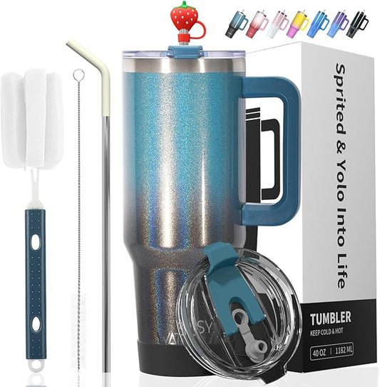 40 oz Shiny Tumbler with Handle and Straw,Stainless Steel Tumbler with Lid and Straw,Insulated Travel Mug(Cold for 34 Hours),Water Bottle for Iced Tea,Coffee (Black Blue)