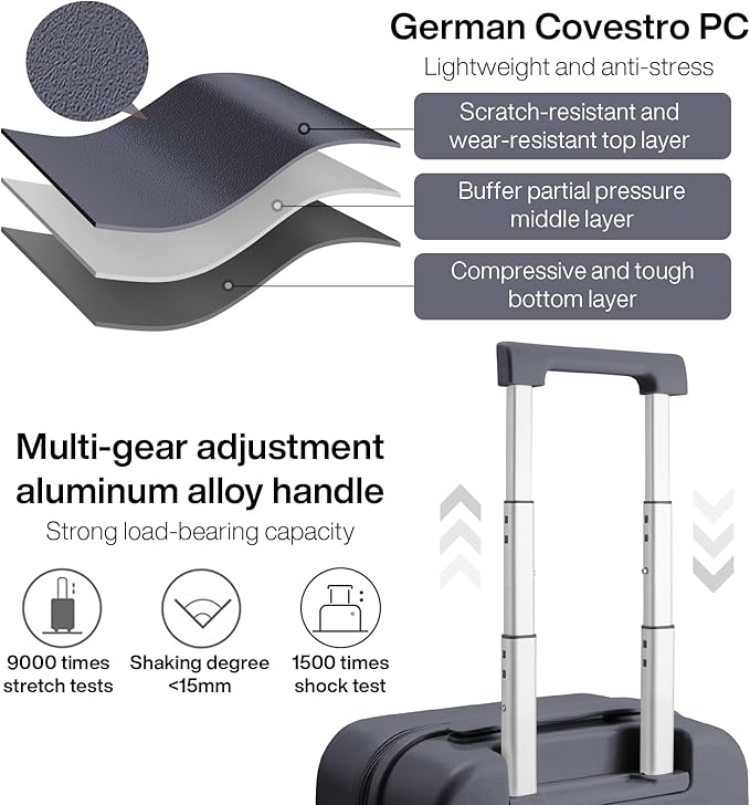 mixi Carry on Luggage, 20'' Suitcase Spinner Wheels Luggage Hardshell Lightweight Rolling Suitcases PC with Cover & TSA Lock for Business Travel, Rock Gray