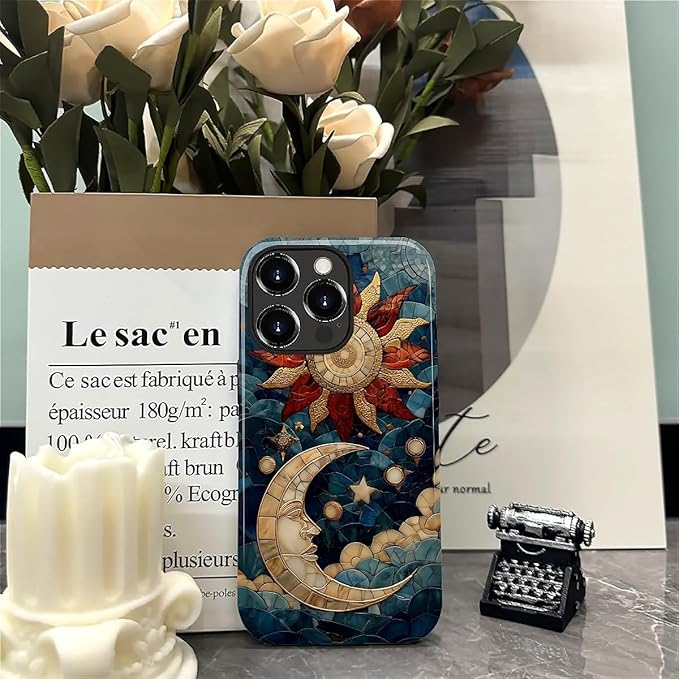 Case for iPhone 15 Pro Case,Sun Moon Stars Faux Stained Glass Design - Hybrid Dual Protection Silicone + Hard PC Shockproof Full Body Cover Slim Anti-Scratch Protective Case for Men Women