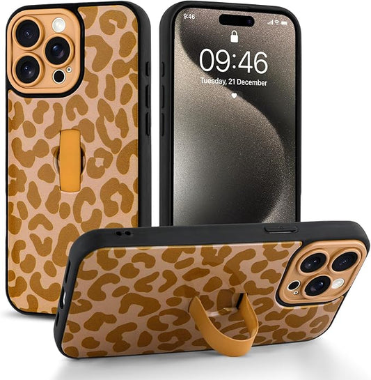 Compatible with iPhone 15 Pro Max Case with Finger Hand Strap Kickstand, Trendy Cool Leopard Cheetah Print Phone Case for Women Men, Full Camera Protection Shockproof Protective Cover, Brown