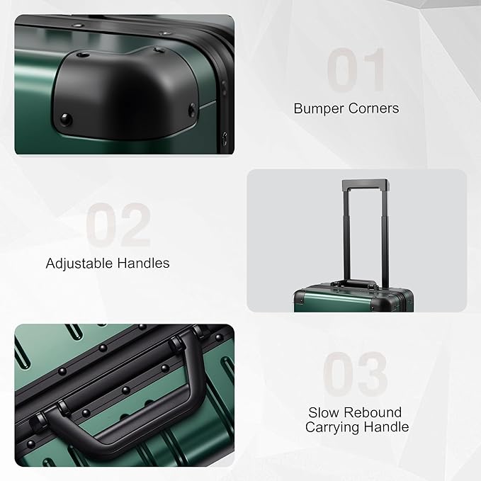 All Aluminum Carry On Luggage 22x14x9 Airline Approved，Zipperless Luggage Premium Aluminum Suitcase Luggage, Hard Shell Carry On Luggage with Spinner Wheels (dark green, 20inch)